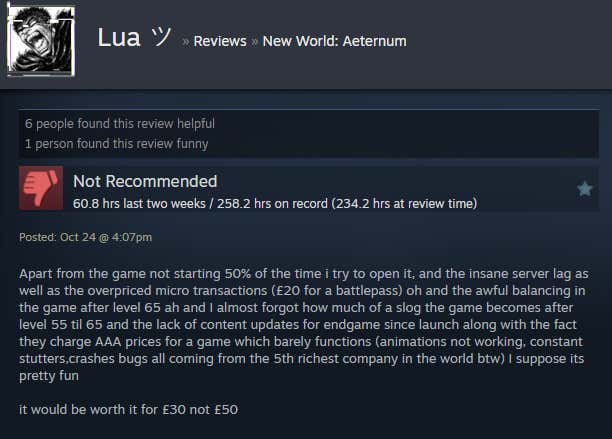 Image of the article titled New World: Eternal, as described in a Steam review